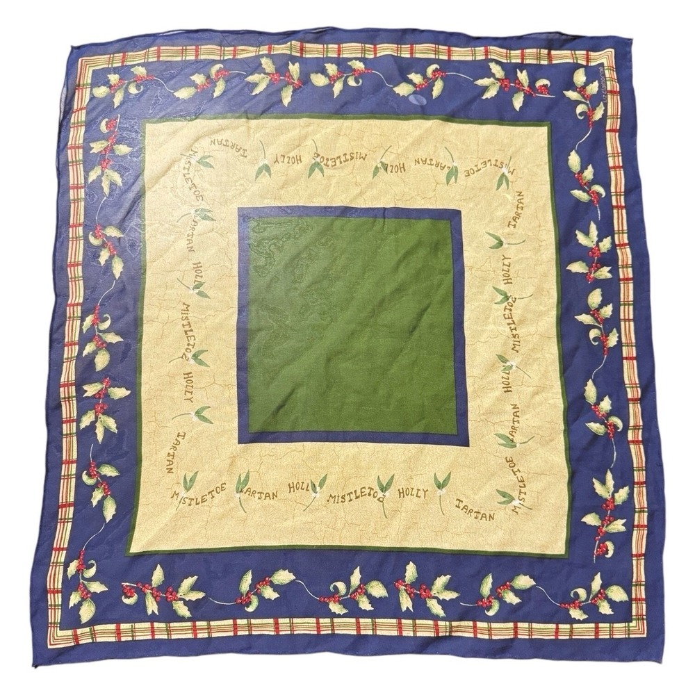 Vintage Liz Claiborne Square Silk Scarf Winter Holiday Holly Mistletoe Christmas - Picture 1 of 5